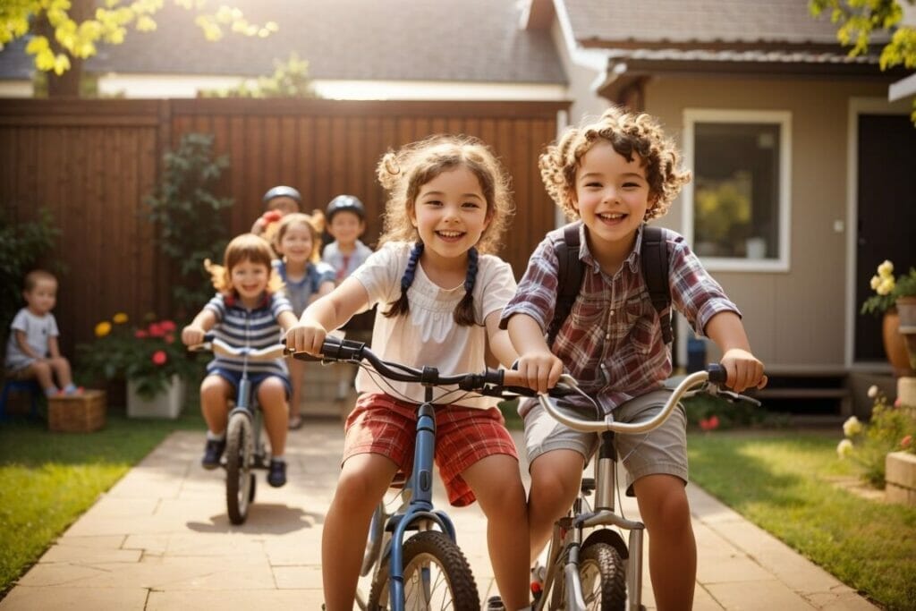 Copii jucându-se in curtea casei cu bicicletele
