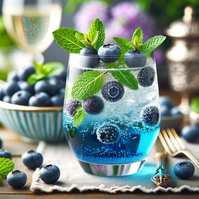 Blueberry Mint Sparkler_ Un pahar elegant umplut cu un spumant vibrant și efervescent de mentă și afine. Mocktailul conține afine proaspete amestecate