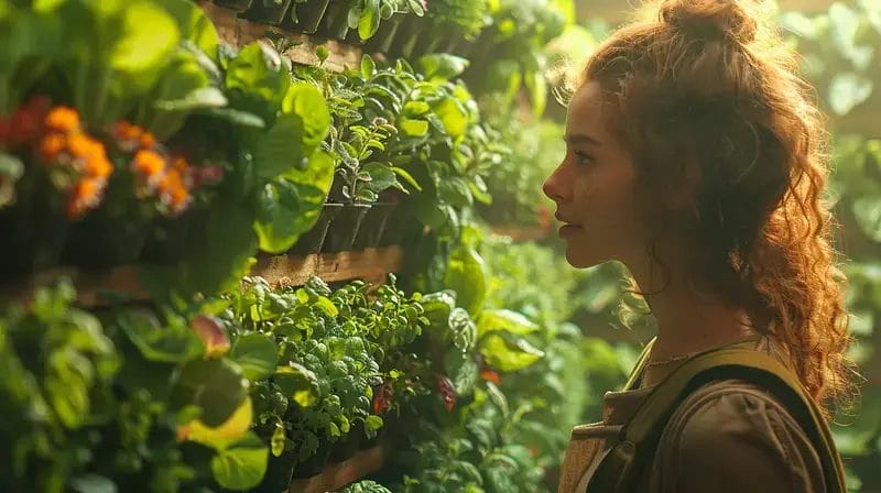 ierburi aromatice pe un perete, la care se uita o tânără
