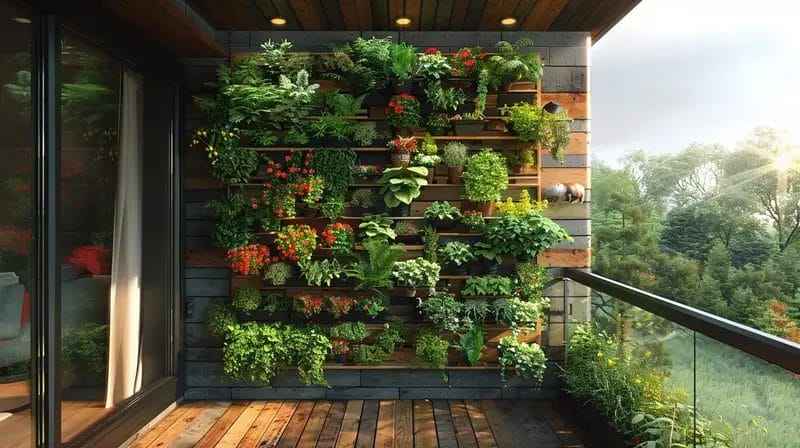 perete de balcon transformat în gradină de ierburi aromatice și flori