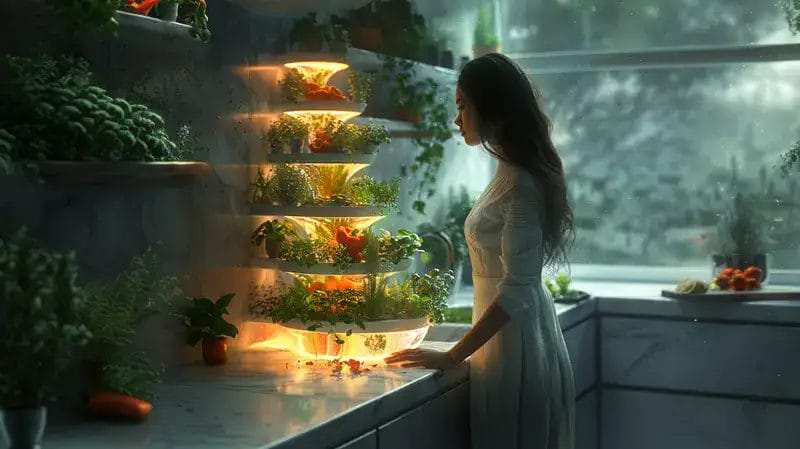 bucatarie moderna cu un suport in forma de spirala pentru plante aromatice